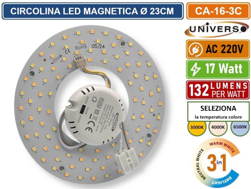 CIRCOLINA MAGNETICA LED PIASTRA DISCO 17W Ø15CM COLORE LUCE SELEZIONABILE