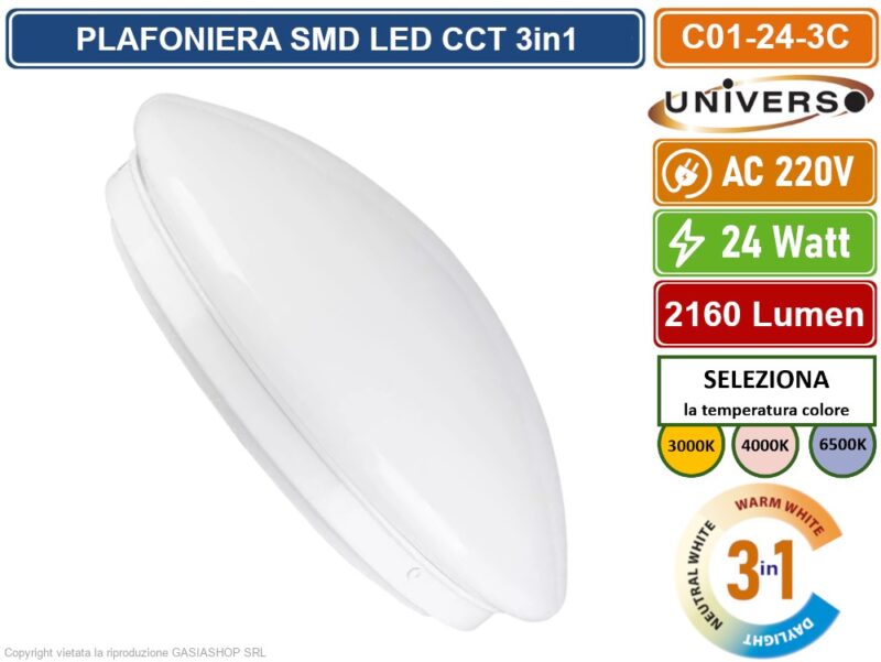 PLAFONIERA CIRCOLARE A LED 24W  3in1 COLORE LUCE SELEZIONABILE