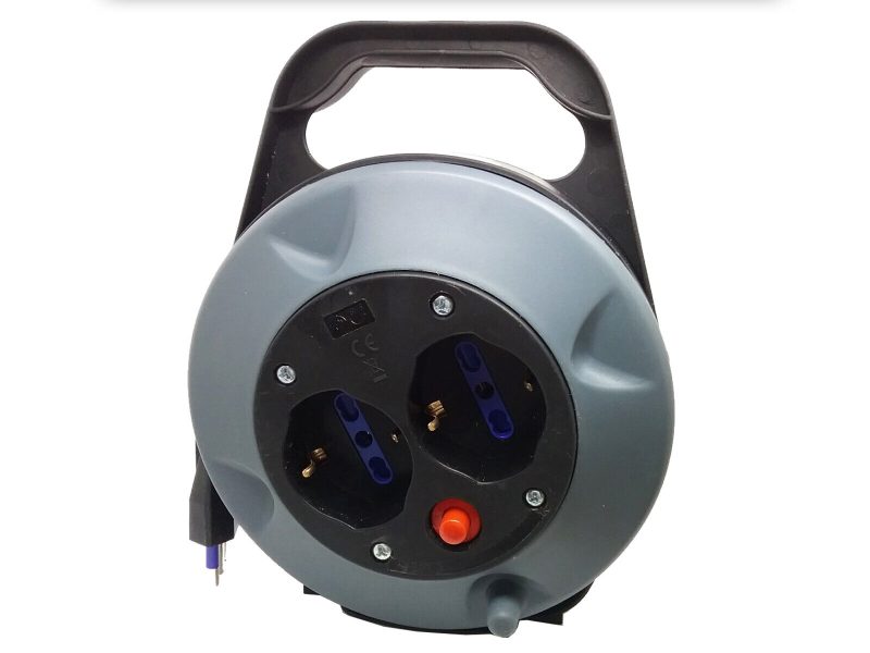 PROLUNGA ELETTRICA AVVOLGICAVO 5 METRI 2 PRESE BIVALENTI SCHUKO MAX 3000 W