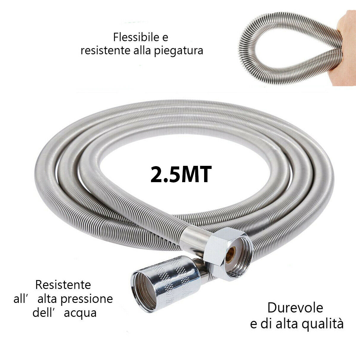 TUBO FLESSIBILE SOFFIONE DOCCINO DOCCIA VASCA BAGNO 2.5M ACCIAIO CROMATO