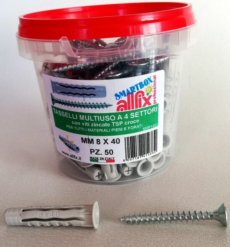 BOX TASSELLI MULTIUSO A 4 SETTORI ALLFIX 8MM 8X40 50PZ VITI ZINCATE + PLASTICA