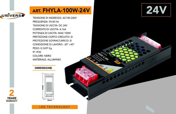 ALIMENTATORE SLIM METALLICO STABILIZZATO SWITCHING TRIMMER 220V-24V 4.16A - 100W